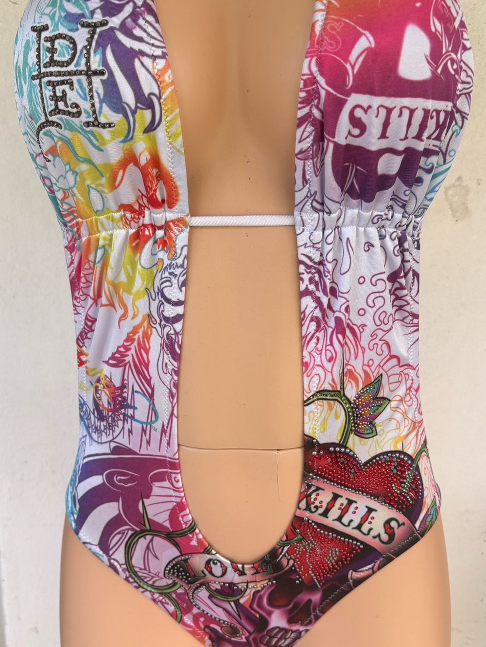 RARE 100% Authentic Ed Hardy Multicolor Graphic Skull Heart Swimwear Top🔥🔥🔥